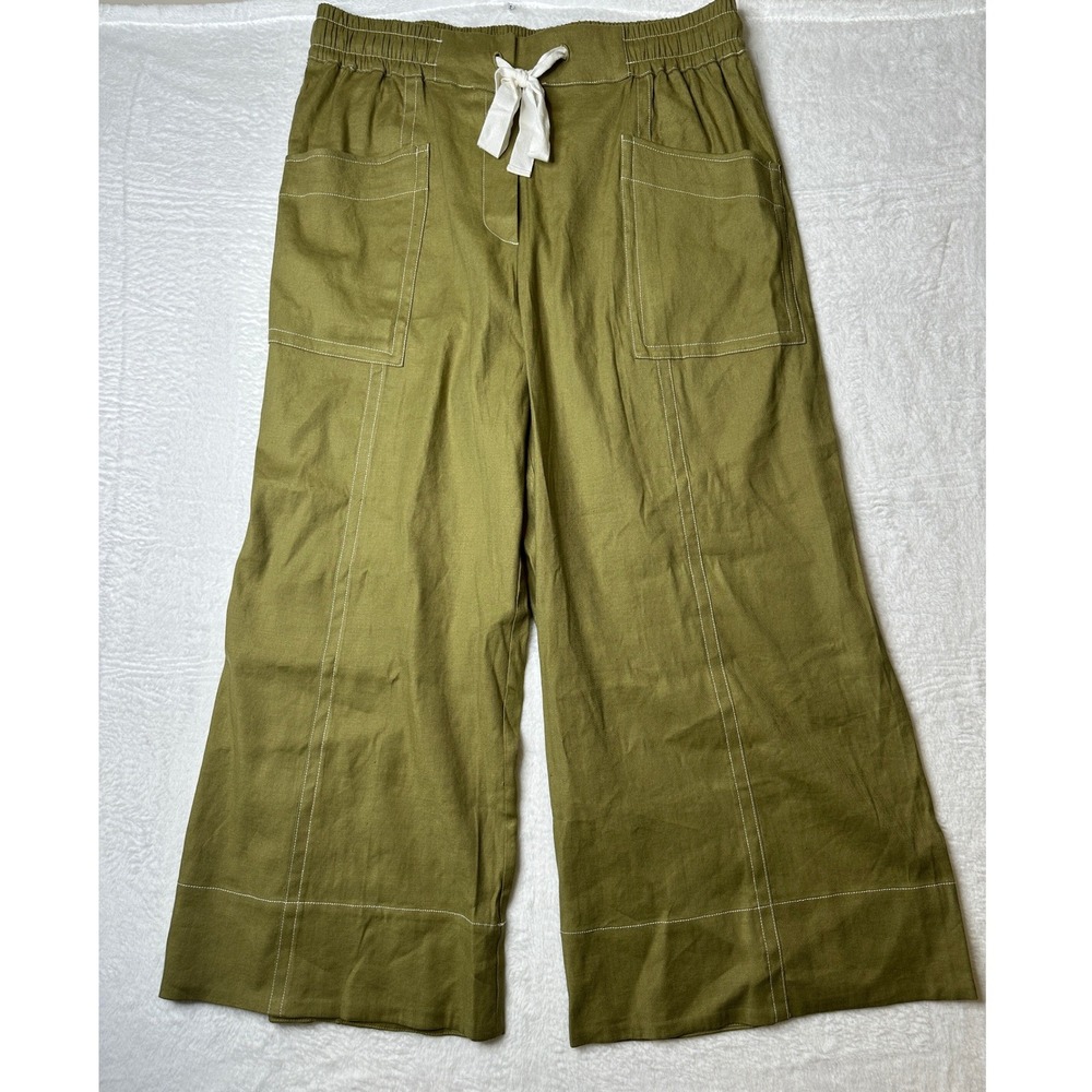 Maeve Pants Womens XL Green Wide Leg Contrast Stitch Drawstring NWT